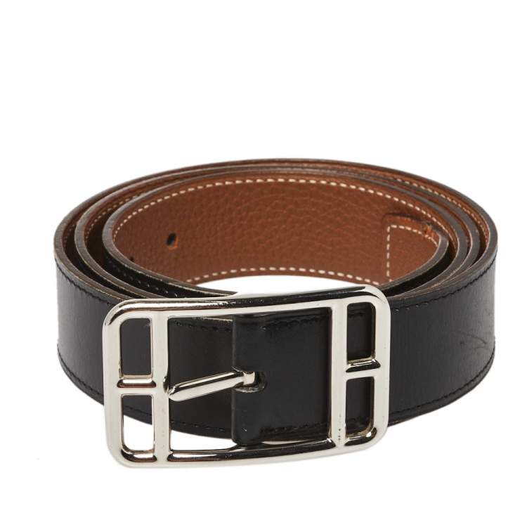 Pre Owned Hermes Noir/Gold Box and Togo Leather Cape Cod Reversible Belt 95 CM