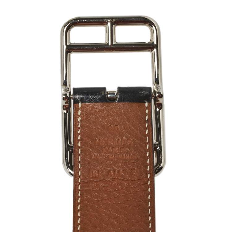 Pre Owned Hermes Noir/Gold Box and Togo Leather Cape Cod Reversible Belt 95 CM
