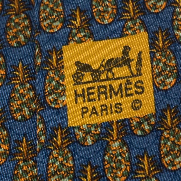 Pre Owned Hermes Blue & Yellow Pineapple Print Silk Tie