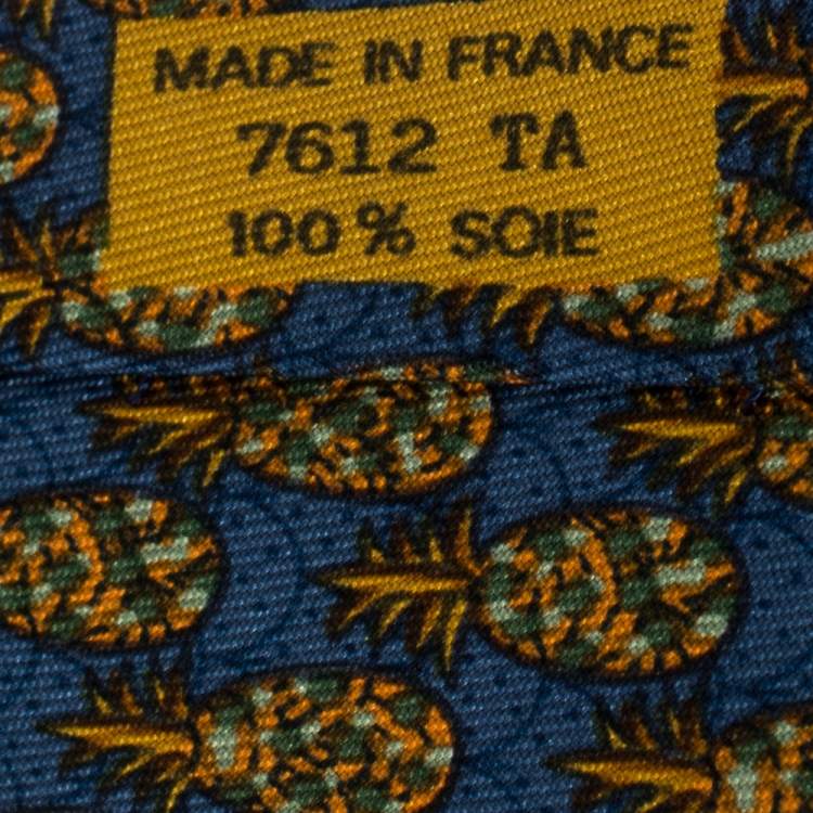 Pre Owned Hermes Blue & Yellow Pineapple Print Silk Tie