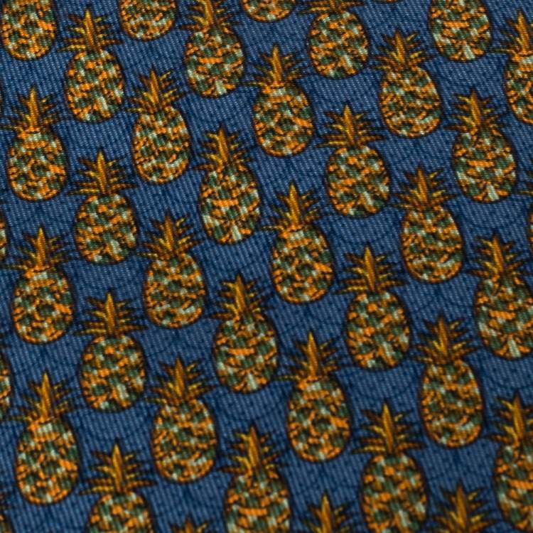 Pre Owned Hermes Blue & Yellow Pineapple Print Silk Tie