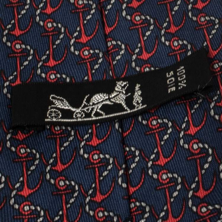 Pre Owned Hermés Blue & Red Anchor Print Silk Tie
