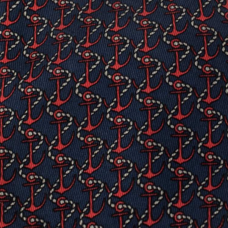 Pre Owned Hermés Blue & Red Anchor Print Silk Tie