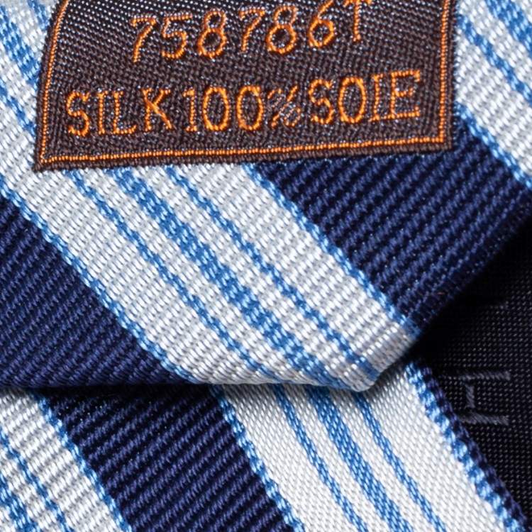 Pre Owned Hermes Navy Blue Striped Silk Tie