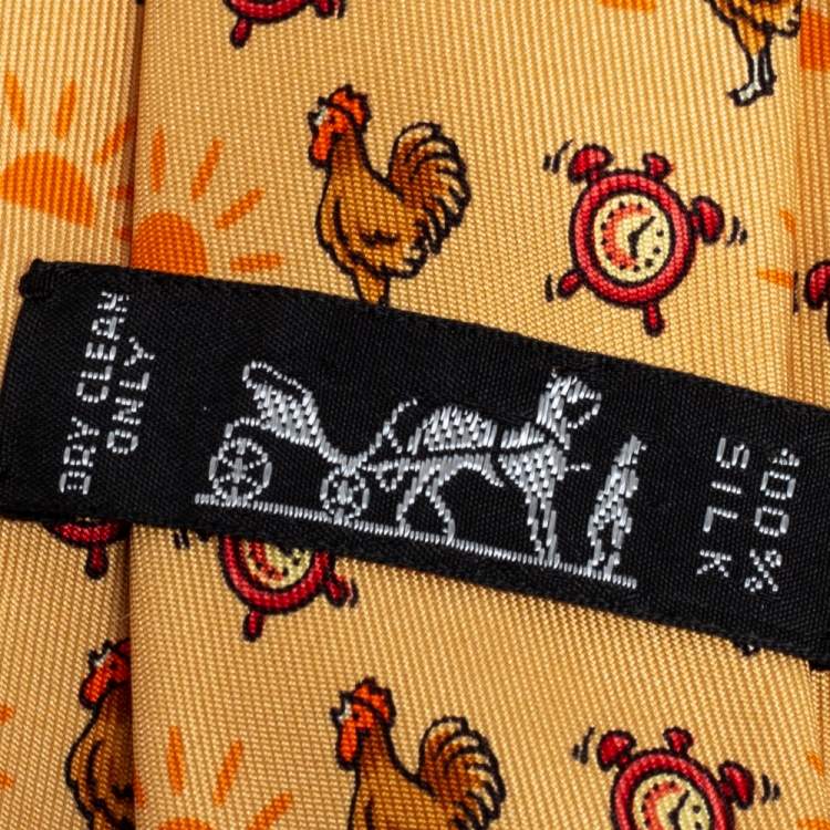 Pre Owned Hermes Yellow Rooster & Clock Print Silk Tie