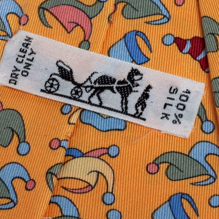 Pre Owned Hermes Yellow Jester Hat Print Silk Tie