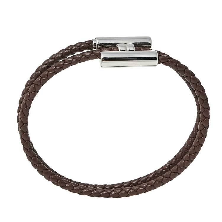 Pre Owned Hermes Tournis Tresse Brown Leather Palladium Plated Bracelet
