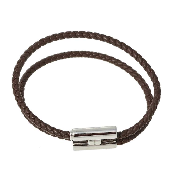 Pre Owned Hermes Tournis Tresse Brown Leather Palladium Plated Bracelet