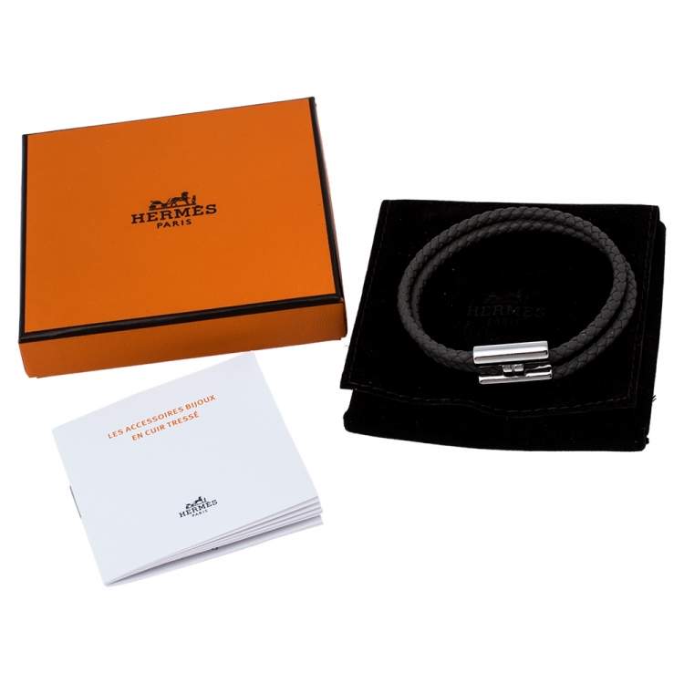Pre Owned Hermès Tournis Tresse Grey Leather Palladium Plated Bracelet