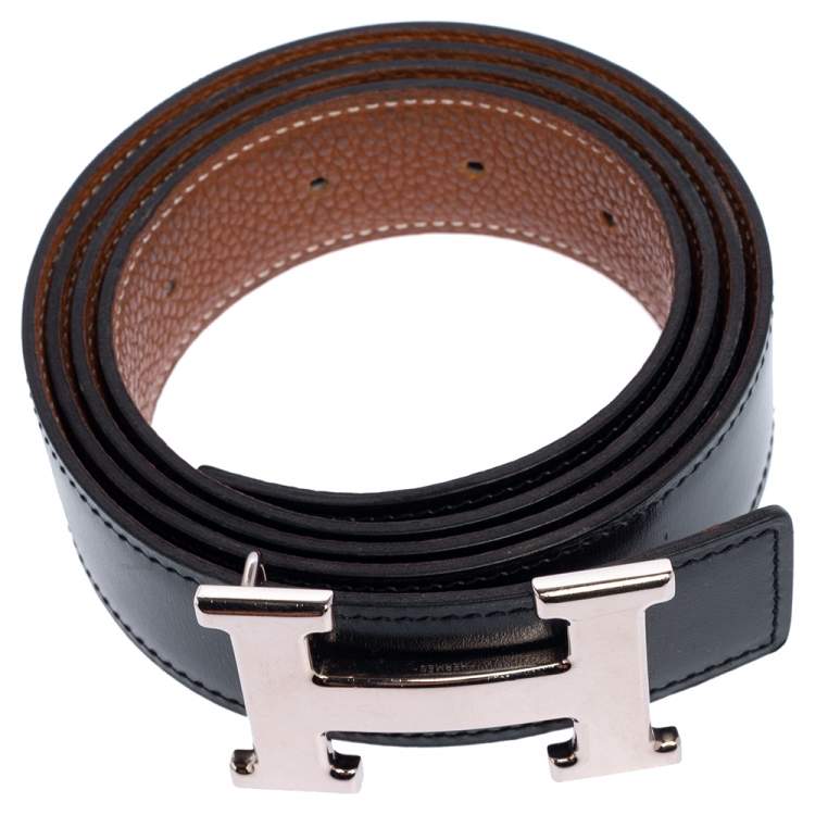 Pre Owned Hermès Noir/Gold Box and Togo Leather H Buckle Reversible Belt 110 CM
