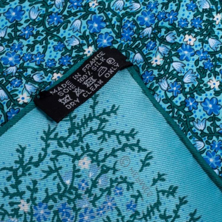Pre Owned Hermès Blue Floral  Printed Silk Pocket Square