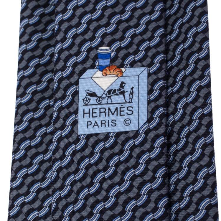 Pre Owned Hermès Grey & Blue Printed Silk Tie