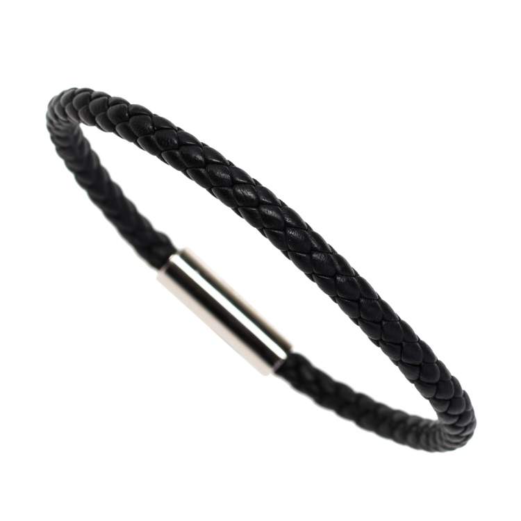 Pre Owned Hermès Black Braided Leather Palladium Plated Goliath Bracelet