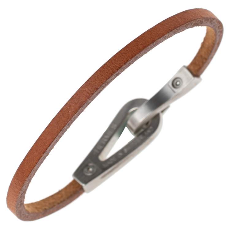 Pre Owned Hermès Brown Bridle Leather Brushed Palladium Plated Jumbo Jet Bracelet