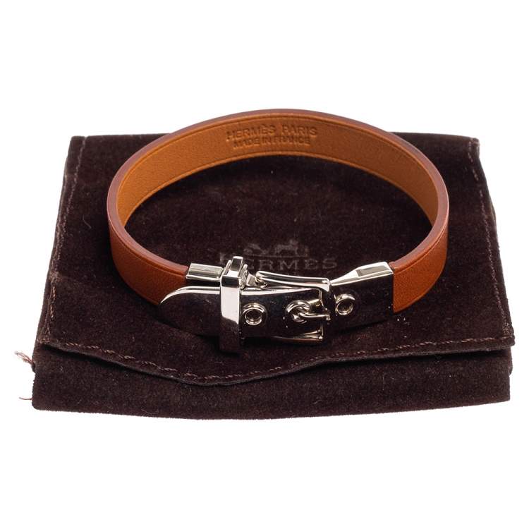 Pre Owned Hermès Brown Leather Palladium Plated Java 10 Bracelet M