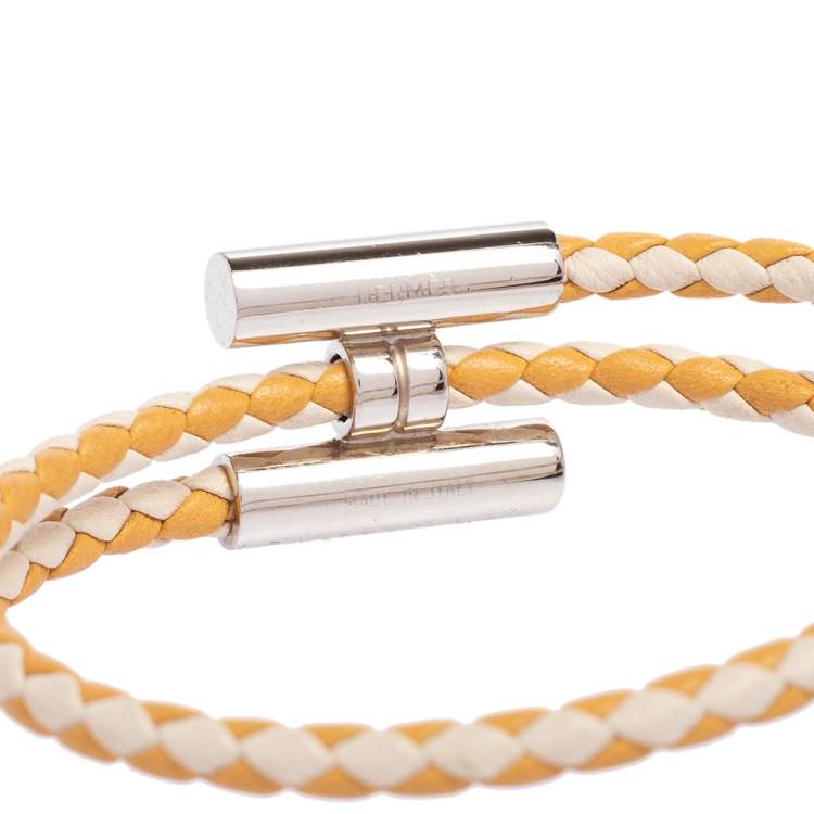 Pre Owned Hermès Tournis Tresse Bicolor Woven Leather Palladium Plated Bracelet
