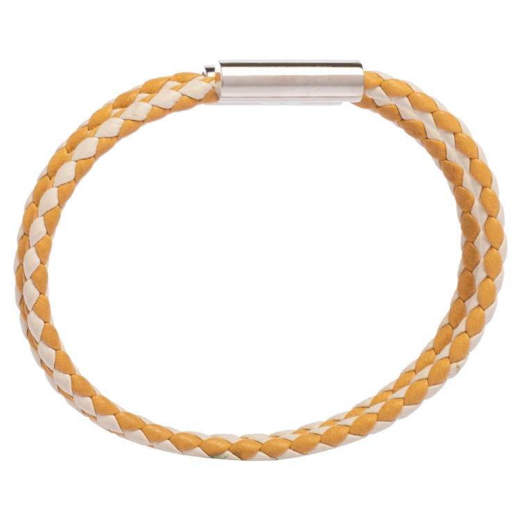 Pre Owned Hermès Tournis Tresse Bicolor Woven Leather Palladium Plated Bracelet