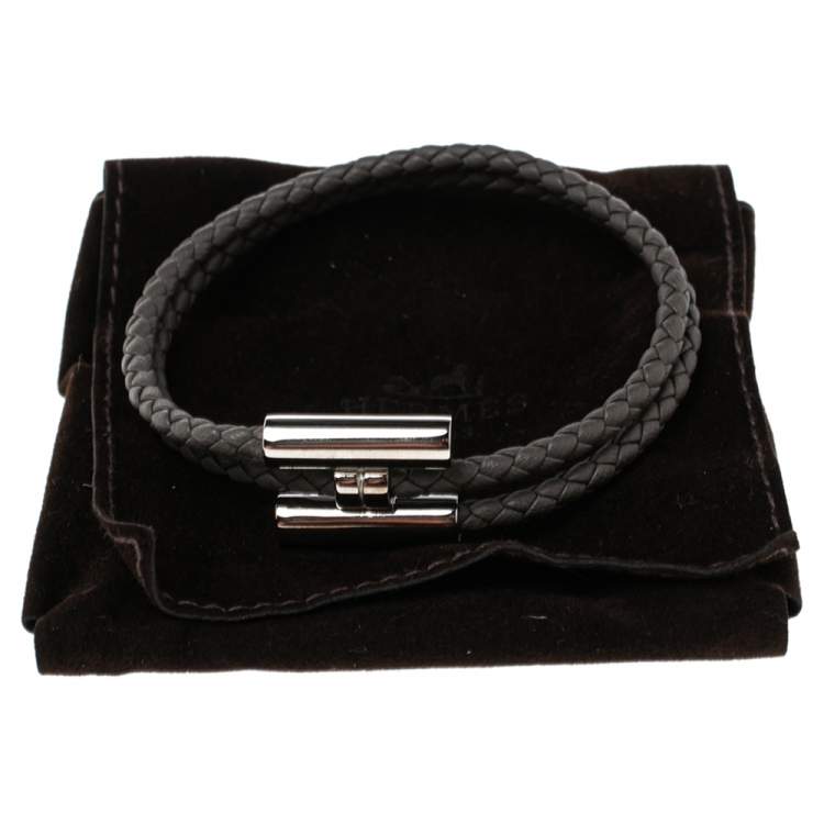 Pre Owned Hermes Tournis Tresse Grey Woven Leather Palladium Plated H Bracelet