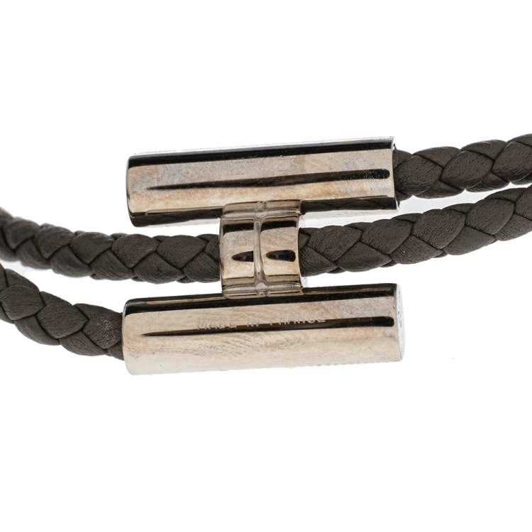 Pre Owned Hermes Tournis Tresse Grey Woven Leather Palladium Plated H Bracelet