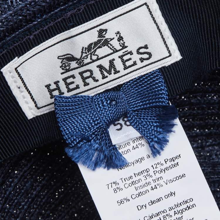 Pre Owned Hermes Navy Blue Striped Detail Hemp Claudio Hat (58)