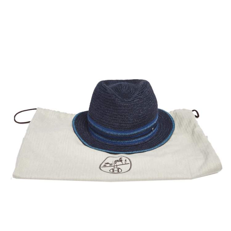 Pre Owned Hermes Navy Blue Striped Detail Hemp Claudio Hat (58)