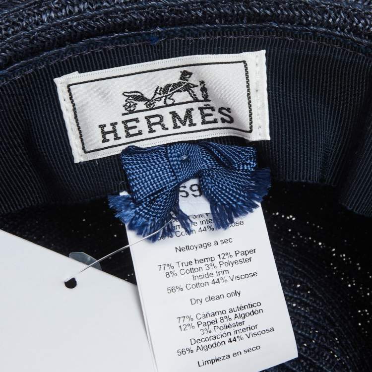 Pre Owned Hermes Navy Blue Striped Detail Hemp Claudio Hat (59)