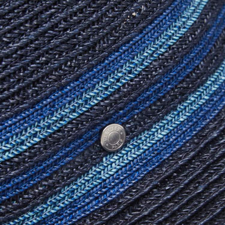 Pre Owned Hermes Navy Blue Striped Detail Hemp Claudio Hat (59)