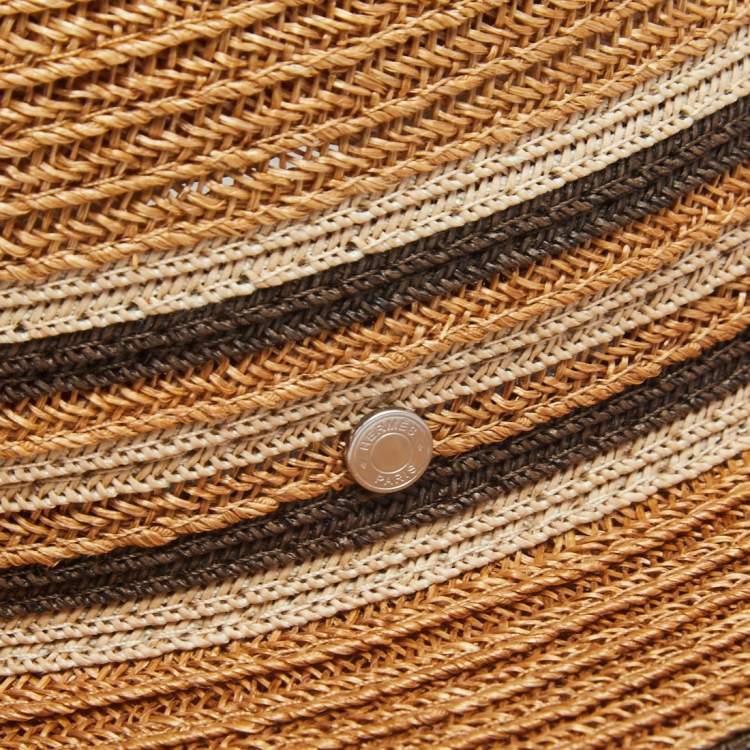 Pre Owned Hermes Brown Striped Detail Hemp Claudio Hat (59)