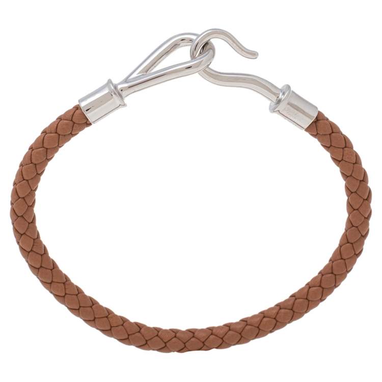 Pre Owned Hermes Brown Braided Leather Palladium Plated Metal Jumbo H Bracelet