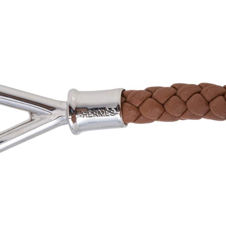 Pre Owned Hermes Brown Braided Leather Palladium Plated Metal Jumbo H Bracelet