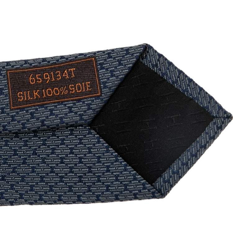 Pre Owned Hermes Blue Diamond Patterned Silk Jacquard Tie