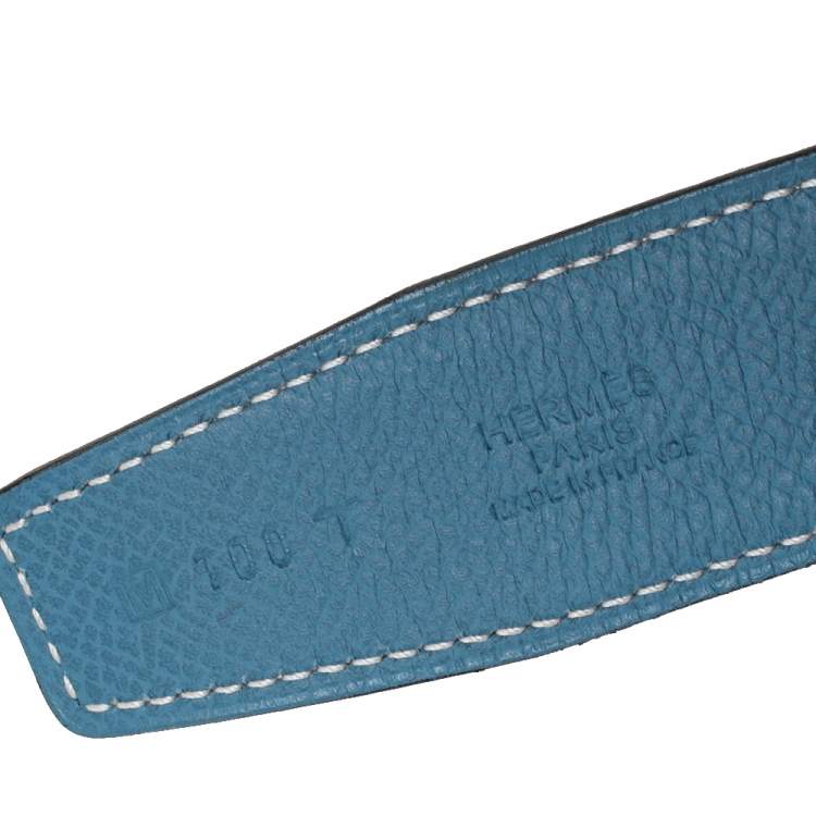 Pre Owned Hermes Blue Jean/Craie Epsom And Swift Leather Focus Reversible Buckle Belt 100CM