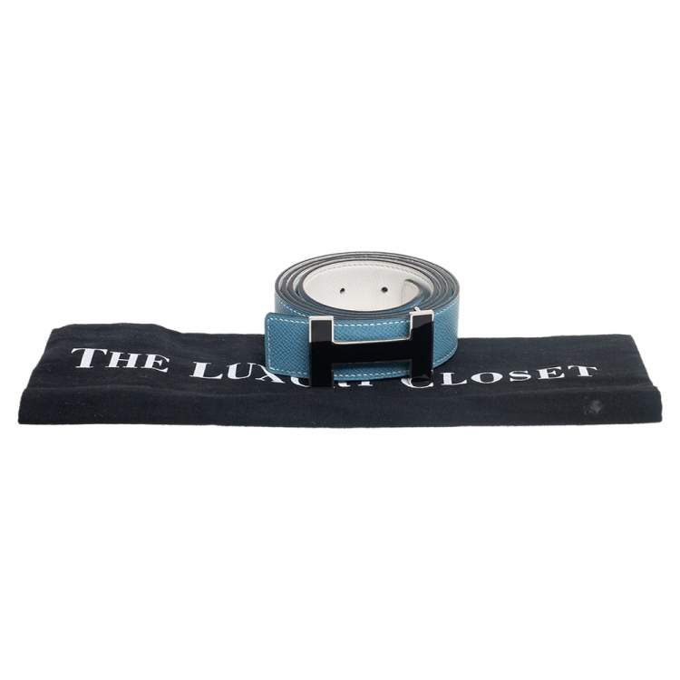 Pre Owned Hermes Blue Jean/Craie Epsom And Swift Leather Focus Reversible Buckle Belt 100CM