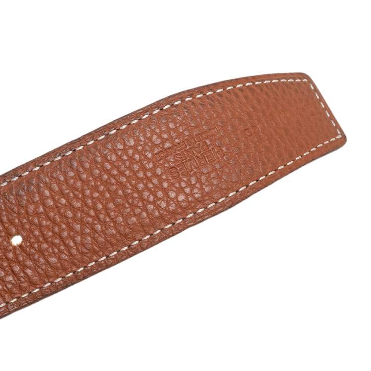 Pre Owned Hermes Gold/Noir Togo and Box Leather H Reversible Buckle Belt 100CM