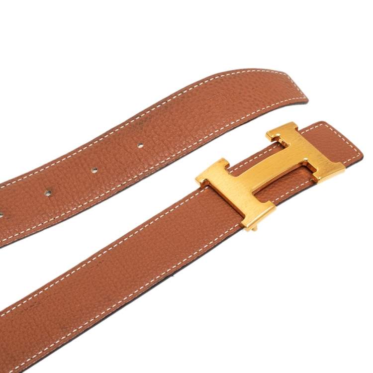 Pre Owned Hermes Gold/Noir Togo and Box Leather H Reversible Buckle Belt 100CM