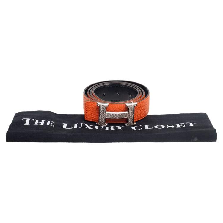 Pre Owned Hermes Orange/Noir Togo and Box Leather H Reversible Buckle Belt 95CM
