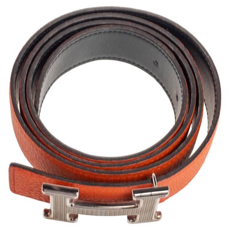 Pre Owned Hermes Orange/Noir Togo and Box Leather H Reversible Buckle Belt 95CM
