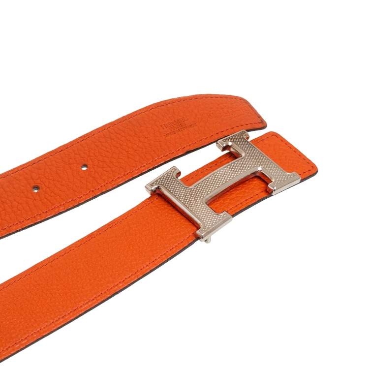 Pre Owned Hermes Orange/Noir Togo and Box Leather H Reversible Buckle Belt 95CM