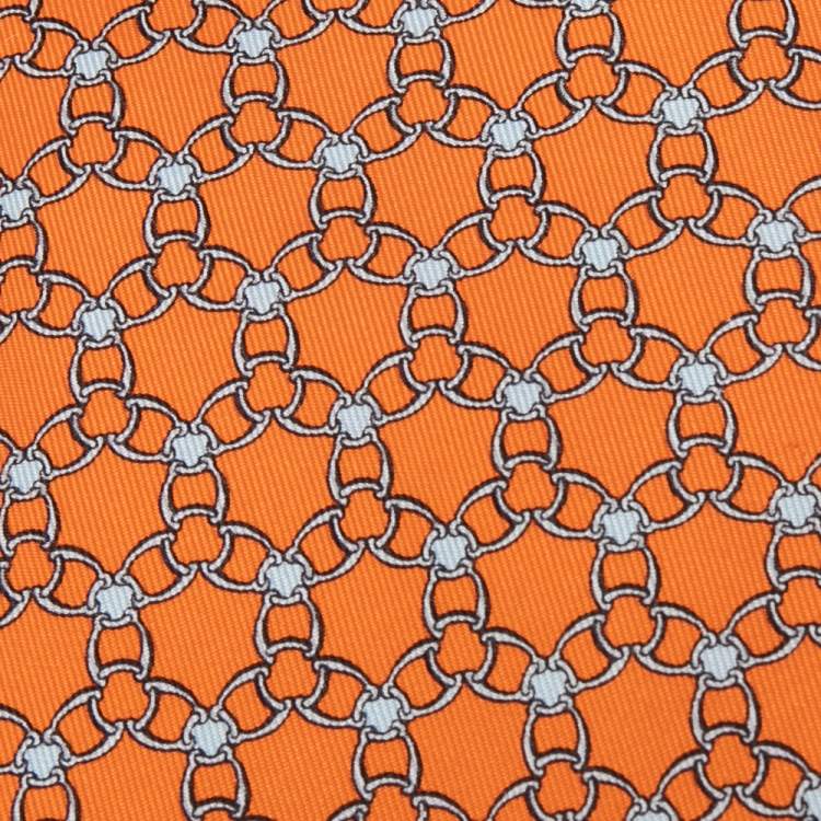 Pre Owned Hermès Orange Interlocking Link Print Silk Tie