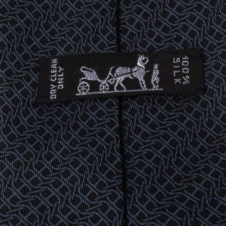 Pre Owned Hermes Navy Blue Printed Classic Silk Tie 