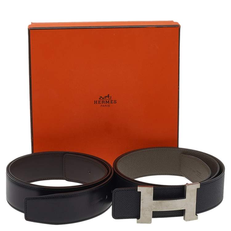 Pre Owned Hermes Noir/Etain Epsom And Noir/Ebene Box Constance Buckle Belt 100CM & 95 CM