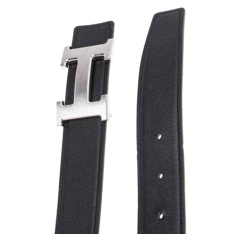 Pre Owned Hermes Black/Chocolate Swift and Epsom Leather Reversible H Buckle Belt 100CM