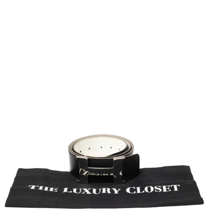 Pre Owned Hermes Black/White Epsom and Box Leather Palladium Hardware Constance Reversible Belt 90CM