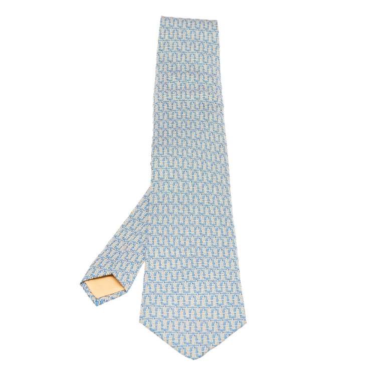 Pre Owned Hermes Blue & yellow Geometric Patterned Silk Traditional Tie