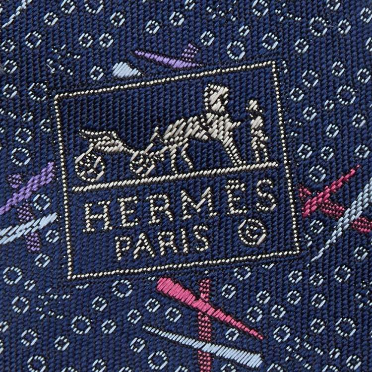 Pre Owned Hermes Navy Blue H Patterned Silk Jacquard Tie