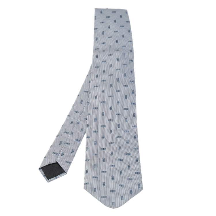 Pre Owned Hermes Grey Pinstripe Patterned Silk Jacquard Tie