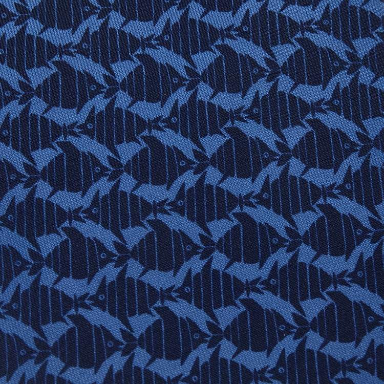 Pre Owned Hermes Navy Blue Fish Printed Silk Tie