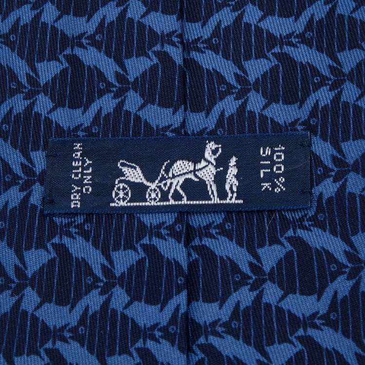 Pre Owned Hermes Navy Blue Fish Printed Silk Tie