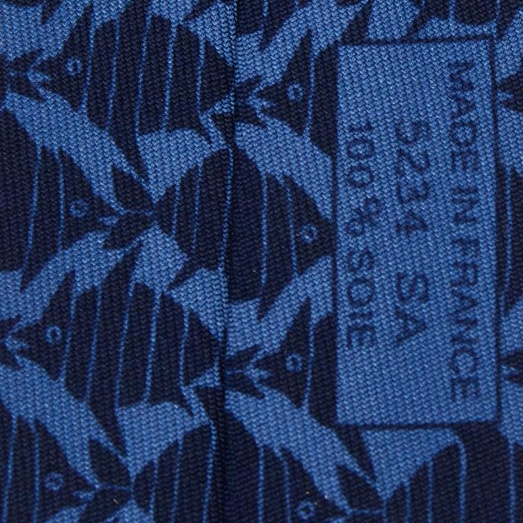 Pre Owned Hermes Navy Blue Fish Printed Silk Tie