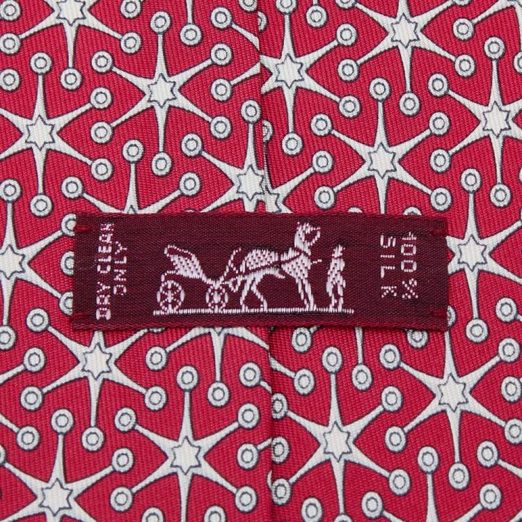 Pre Owned Hermes Red Starburst Printed Silk Tie